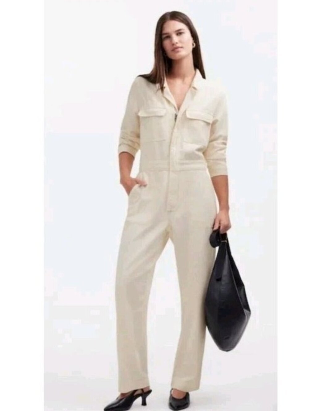 Madewell Short-Sleeve Coverall Jumpsuit Size 10 Beige Button Front Workwear